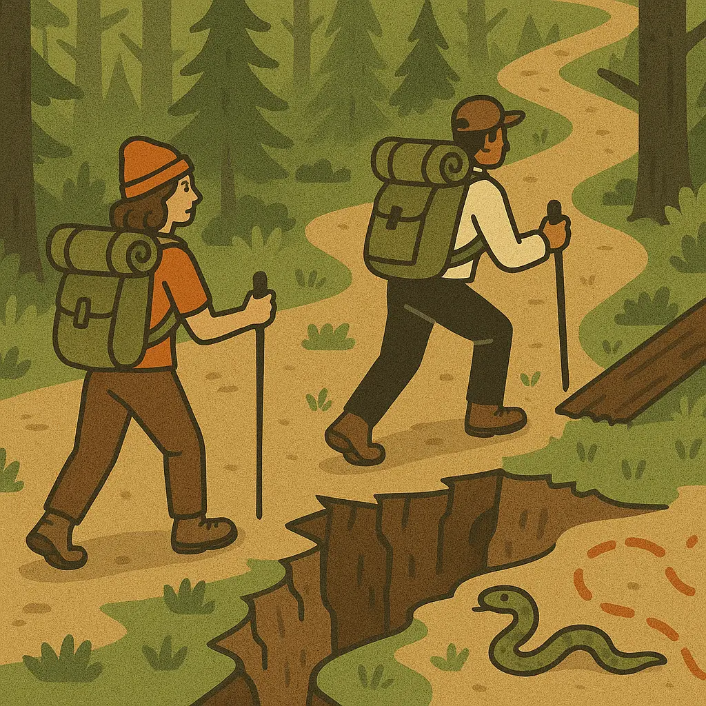 Hikers avoiding dangerous fauna